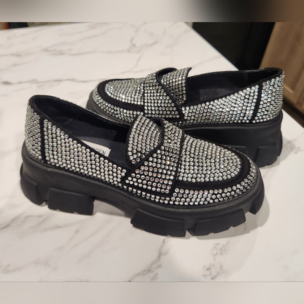 Steve Madden Trifecta Rhinestone Loafers Platform Chunky Slip On Womens 6